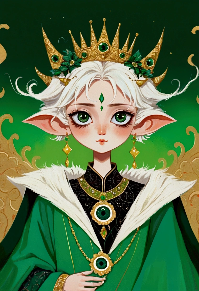 Regal fantasy character dressed in an elegant green robe adorned with intricate gold accents and eye motifs, wearing a matching green and gold crown decorated with multiple eyes. Their hair is white and slightly tousled, complemented by pointed ears, set against a richly artistic green and gold background.