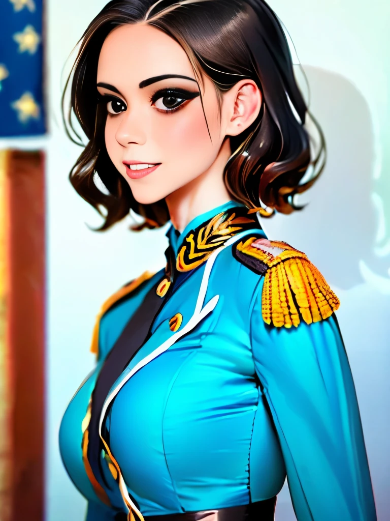 (highest resolution, distinct_image) Best quality, single person, one woman, solo, masterpiece, highly detailed, semi realistic, black short hair, black hair, bangs, 1, mature, light blue military uniform, military uniform, indoor background, gentle, authoritative, powerful, exquisite facial features, exquisite facial features