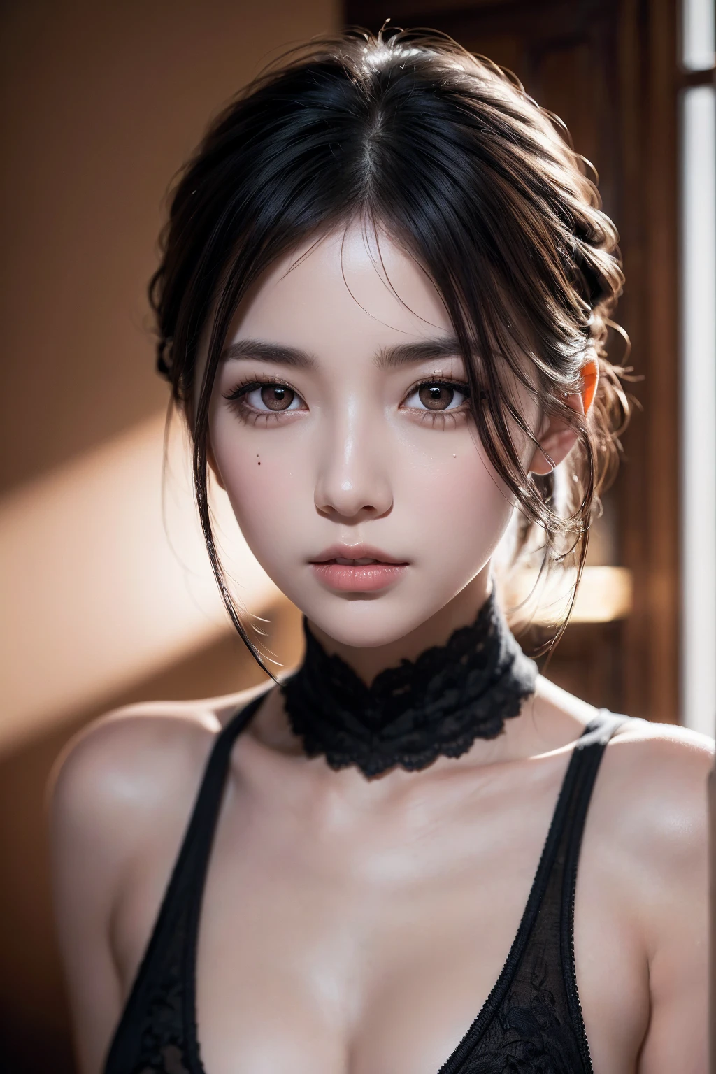 8k、High resolution、B girl fashion、beautiful girl、slender body、young、colorful costumes、white skin,narrow eyes,high nose,lighting that illuminates the face、clear image、intellectual beauty、Eyes staring straight ahead、skinny、no makeup、Black Lace Costume、short hair、anxious look、close-up image、When the light hits your face, Clearly visible,Shopping mall、wear fur