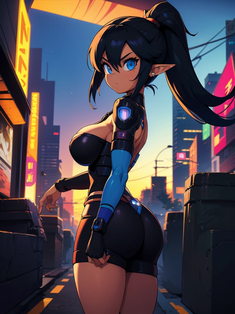 a cartoon picture of a girl with long black hair and a blue tail, commission for high res, elf girl, oc commission, 2d game fanart, hero 2 d fanart artsation, cel - shaded art style, game art!!, cyber tech border, close up, (cyborg joints:1.0), showing cleavage, detailed fanart, background artwork, 8k high quality detailed art, in a cyberpunk city at night, cyberpunk 2077 art style, Diives art style, Gundam art style
