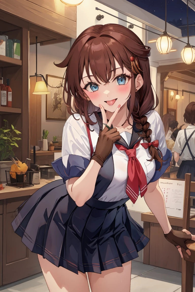 Portrait, official art, best masterpiece, best quality, best resolution, 8K, best detailed, perfect anatomy, nice hands, perfect hands
BREAK
looking at viewe, cowboy shot
BREAK
shigure, ahoge, brown hair, blue eyes, braid, hair ornament, hair over shoulder, long hair, single braid, hair flaps, black gloves, black serafuku, black shirt, black skirt, fingerless gloves, gloves, neckerchief, pleated skirt, red neckerchief, sailor collar, school uniform, serafuku, shirt, skirt, white sailor collar, 1girl, solo, medium breasts
BREAK
(leaning forward:1.2), (hand to own mouth)
BREAK
(happy), smile, open your mouth, (blush, tongue out:1.2), half closed eyes
BREAK
luxurious mansion, living room, (night, midnight, darkness:1.3), very fine and detailed 16KCG wallpapers