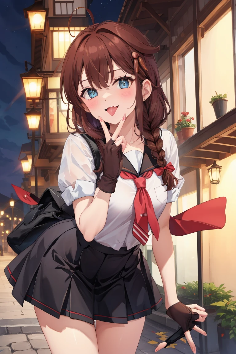 Portrait, official art, best masterpiece, best quality, best resolution, 8K, best detailed, perfect anatomy, nice hands, perfect hands
BREAK
looking at viewe, cowboy shot
BREAK
shigure, ahoge, brown hair, blue eyes, braid, hair ornament, hair over shoulder, long hair, single braid, hair flaps, black gloves, black serafuku, black shirt, black skirt, fingerless gloves, gloves, neckerchief, pleated skirt, red neckerchief, sailor collar, school uniform, serafuku, shirt, skirt, white sailor collar, 1girl, solo, medium breasts
BREAK
(leaning forward:1.2), (hand to own mouth)
BREAK
(happy), smile, open your mouth, (blush, tongue out:1.2), half closed eyes
BREAK
luxurious mansion, living room, (night, midnight, darkness:1.3), very fine and detailed 16KCG wallpapers