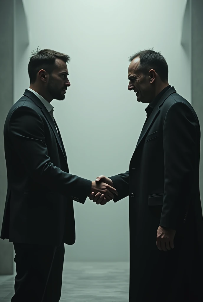 Two men facing each other shaking hands. Both of their other hands are behind them holding a weapon