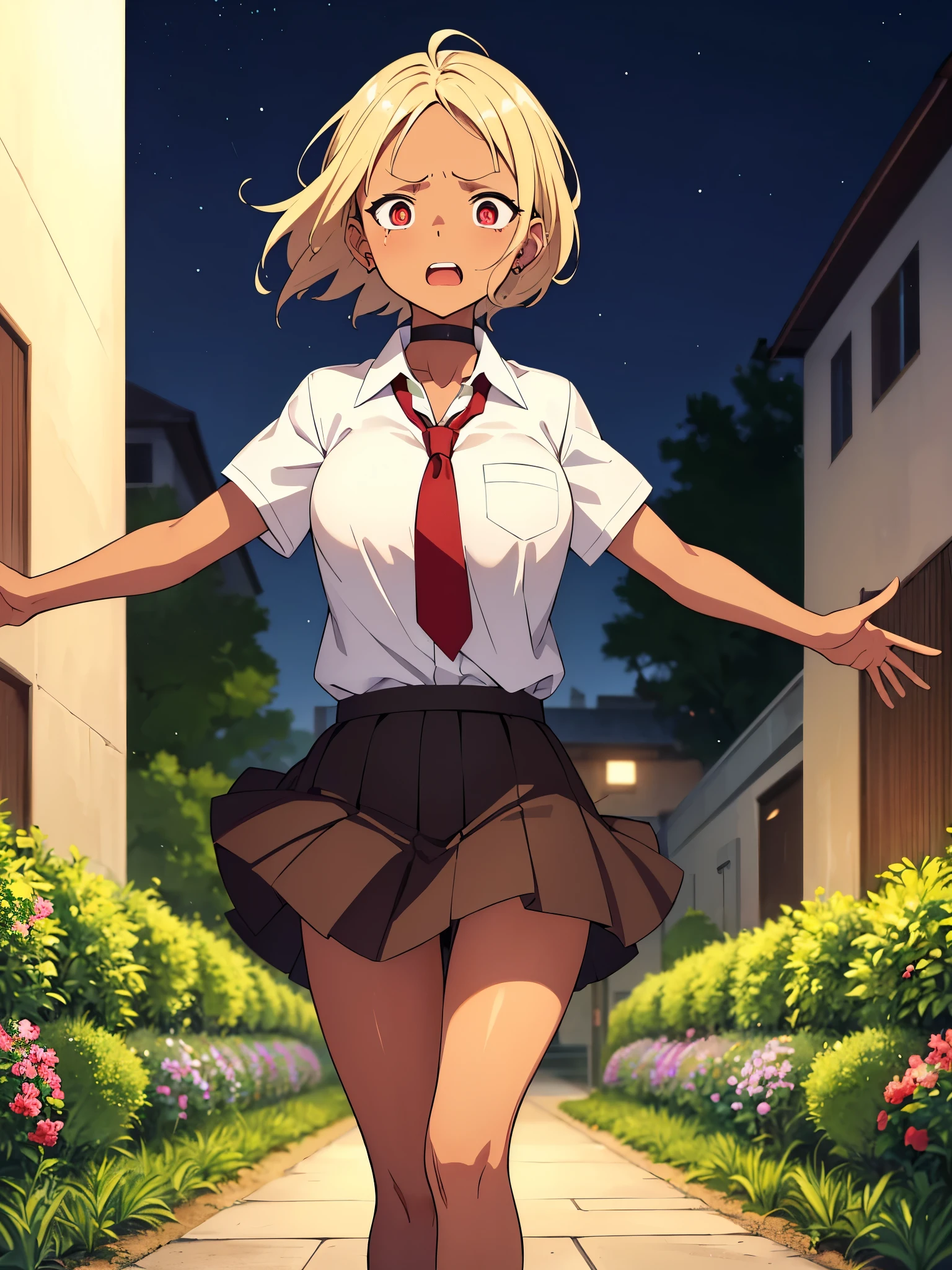 masterpiece, best quality, very aesthetic, absurdres, 1girl, beautiful face, light smile, small eyes, asymmetrical bangs, rose gold blonde hair, low twintails hair, straight hair, small breast, white shirts, mini skirt, rooftop, strong wind, panties, anime artwork, highly detailed, cowboy shot, looking at viewer, from below