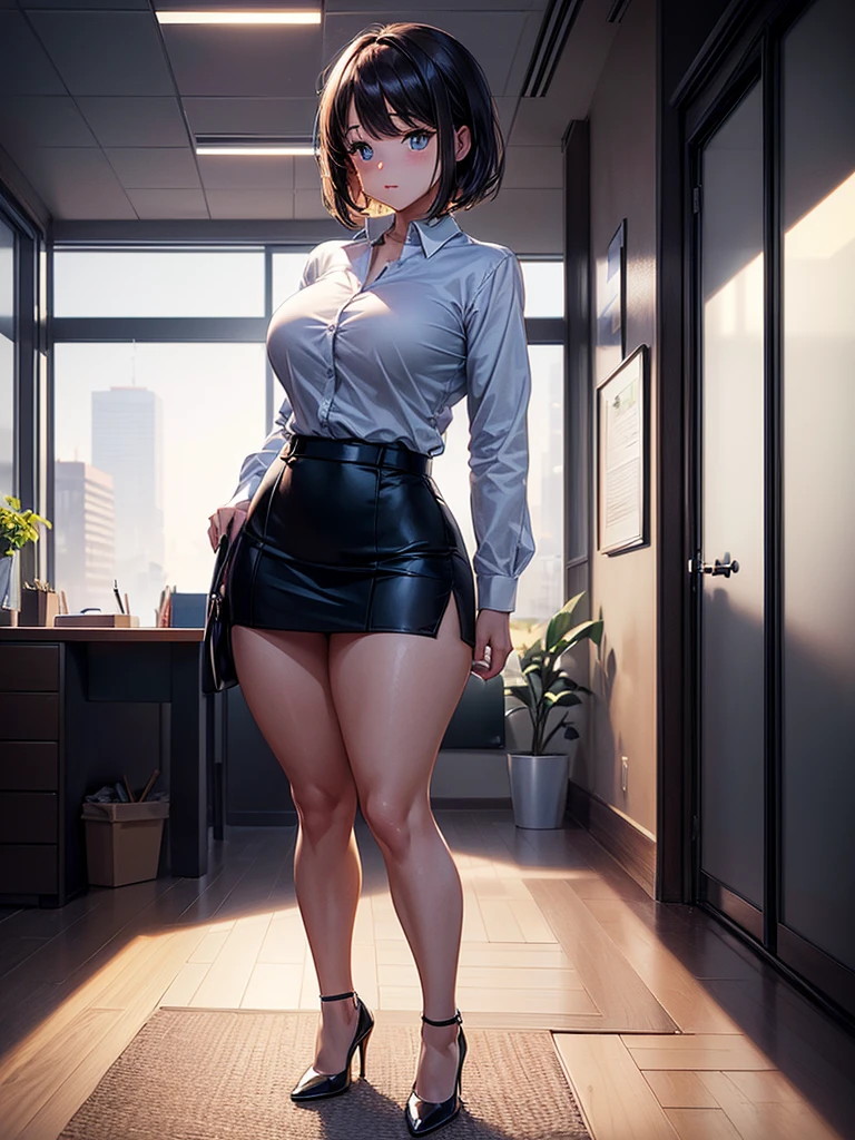 A beautiful young woman, 30 years, clear skin, but black chestnut long to her breasts, medium breasts with natural drop-like sagging, Sin blaze, He wears tiny underwear and black garters, very wide hips, beautiful butt very big and round, hair lightly covers her breasts, view from behind, Torso turning backwards shows her breasts. She is dressed in a white blouse and a short black office skirt., wear black office heels. Photorealism effect