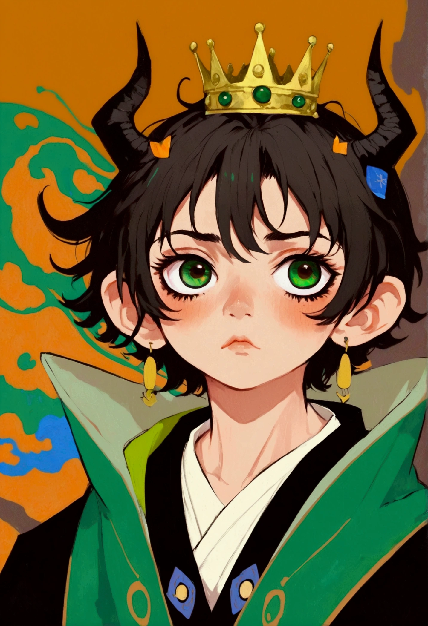 anime - style portrait of a young boy with a crown on his head, artwork in the style of guweiz, anime fantasy illustration, demon slayer rui fanart, detailed digital anime art, digital anime illustration, korean art nouveau anime, loish and wlop, emerald eyes, demon slayer artstyle, guweiz on pixiv artstation, emerald yellow eyes