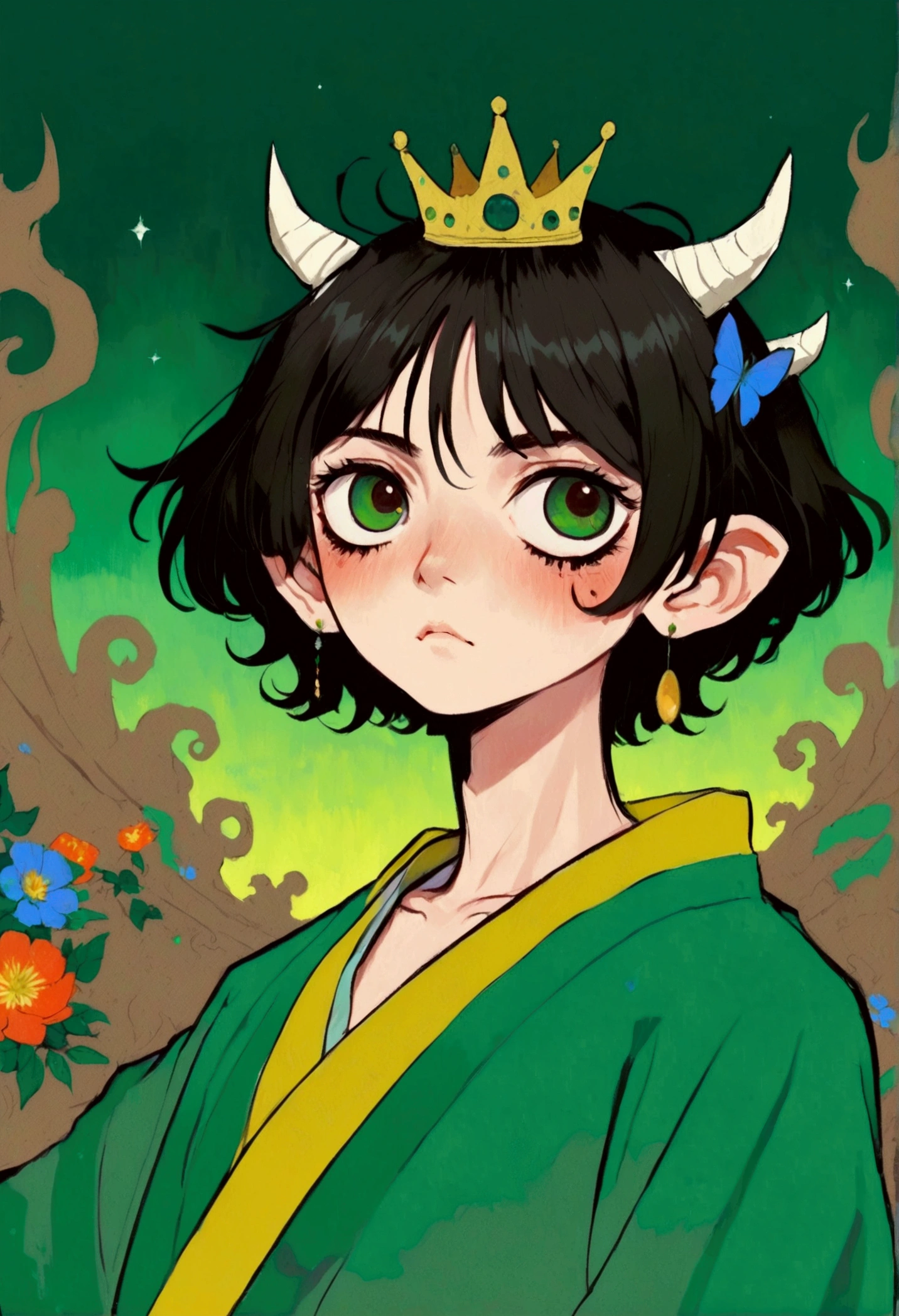 anime - style portrait of a young boy with a crown on his head, artwork in the style of guweiz, anime fantasy illustration, demon slayer rui fanart, detailed digital anime art, digital anime illustration, korean art nouveau anime, loish and wlop, emerald eyes, demon slayer artstyle, guweiz on pixiv artstation, emerald yellow eyes