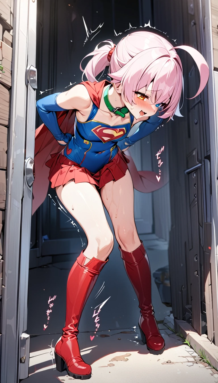 (whole body), (masterpiece:1.2), (Highest_quality:1.2), (Ultra_detailed:1.3), 8k,1 girl，alone，大きなButtの***, red knee high long boots，Wear a spcc costume with a cape，( Supergirl), Blue leotard，Red mini skirt，Red Cape，gloves，Hoshino-ponytail,Hoshino \(Blue Archive\), Heterochromia iridis,Medium Hair,ponytail,Pink Hair,Ahoge,Halation,Browsing Caution,Heart-shaped pupils,orgasm, Butt,Sweat,(urination)，climax，Have convulsions，Wear a green collar，Wrists tied in chains，