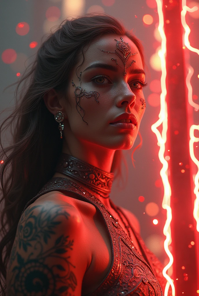 She is the Queen of Destruction, descending from the sky、A humanoid weapon of destruction from space, she face perfect Hollywood actress styles, like a young woman, wearing silk clothes, her face and body are carved with intricate artistic patterns、 but her expression is as divine as that of a goddess、(((((She carries a huge great sword belonging to the Norse god of war, which emits red thunder lightning)))))、((((((Land with force and force on the ground)))))))、(((Upper body zoom up)))