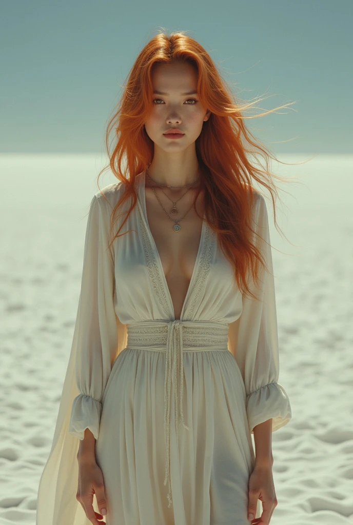 Sur une falaise sauvage d'Irlande, une femme rousse sexy se tient face au vent, incarnant la beauté et la force brute de la nature. Ses cheveux roux, ondulés, flottent librement dans la brise marine, captant la lumière douce du soleil irlandais et contrastant magnifiquement avec le ciel gris perlé et la mer agitée en contrebas. Sa chevelure flamboyante semble presque se fondre avec les paysages de bruyères et de falaises abruptes, créant une harmonie visuelle envoûtante. Elle est vêtue d'une robe légère blanche qui épouse ses courbes avec une élégance naturelle, révélant sa silhouette élancée et féminine. Le tissu de sa robe danse au rythme du vent, ajoutant une touche de dynamisme à la scène. Ses jambes longues et toniques, mises en valeur par la robe, lui donnent une allure à la fois sensuelle et puissante. Son regard est tourné vers l'horizon, où les vagues se brisent contre les rochers escarpés, ajoutant à l'atmosphère dramatique de l'endroit. Ses yeux, d'un vert intense, brillent d'une lumière intérieure, reflétant à la fois la sérénité et la passion. Ses traits délicats sont accentués par le vent frais qui caresse son visage, tandis que ses lèvres, légèrement souriantes, expriment une confiance tranquille.