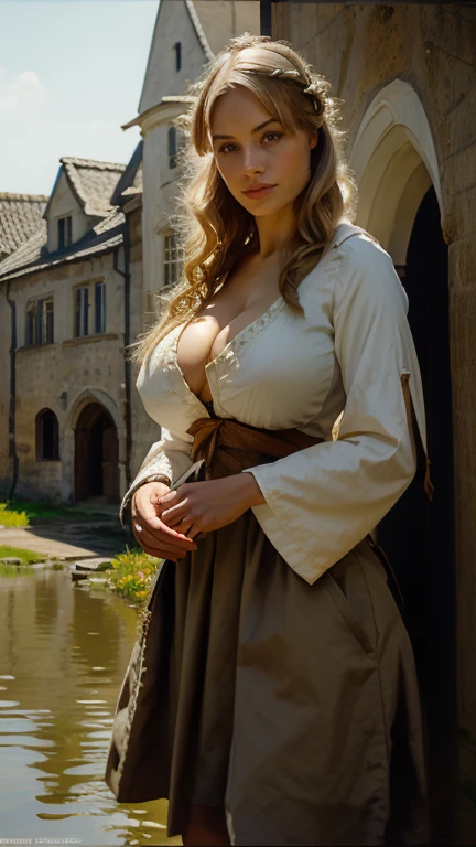 masterpiece, oil painting of Guinwen as a peasant girl, 8K, 1 girl, realistic oil painting, pretty face, Gesicht von Guinwen, beautifully detailed eyes, sehr detailliert, blondes Haar, blonde Haare, graue Augen, sichtbare Taille, large breasts, huge breasts, Haaransatz, dancing in the spring, voll bekleidet, medieval, Portrait, harbour in the background, cages, full body, ((oil painting)), full cleavage