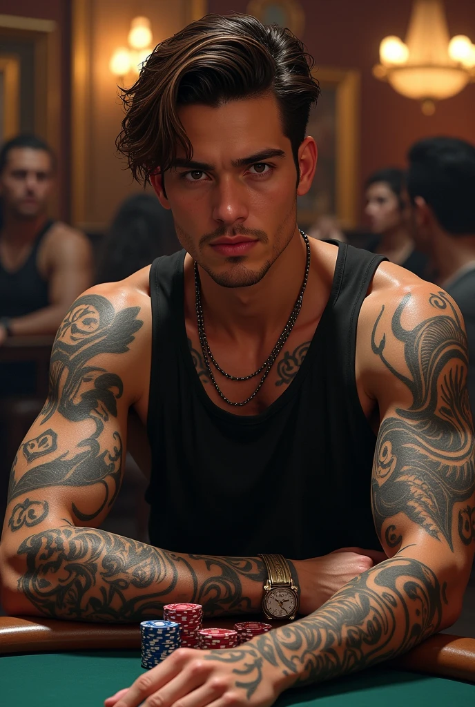 Gangster), dramatic lighting, (he is korean), he is 20, he is very attractive, (he has a square jawline), (he has a menacing demeanor), (he has short green hair), (he has an athletic physique), (he is wearing a black beanie), (he has a smug grin), (he has purple eyes like a snake), (he is drooling), (he is wearing gray cotton sweatpants), (he has a large bulge), he is wearing gold chain necklaces, (he is sweating profusely), (many tattoo's), (bulging veins), (playing cards in the background), skulls in the background, (semen splatters), (angry glare), (roulette wheel in background), (NSFW), (explicit), head is facing downward, (dark), (neon blacklight lit casino), (he has tan skin), (he is wearing a baggy pink sweatshirt), (his sweatshirt is soaked with sweat), tall, broad shoulders, very dark lighting, (a black snake is coming out of his mouth)