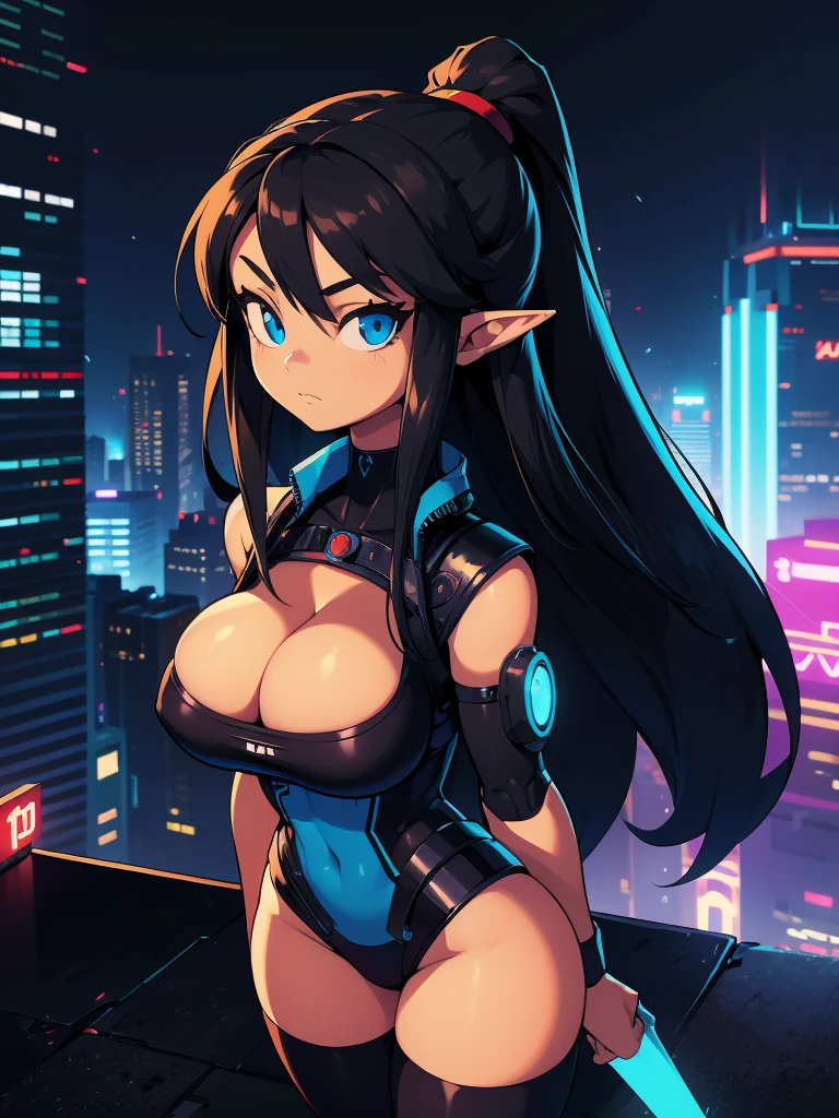 a cartoon picture of a girl with long black hair and a blue tail, commission for high res, elf girl, oc commission, 2d game fanart, hero 2 d fanart artsation, cel - shaded art style, game art!!, close up, (cyborg joints:1.0), showing cleavage, detailed fanart, background artwork, 8k high quality detailed art, in a cyberpunk city at night, cyberpunk 2077 art style, Diives art style, Legend of Zelda art style
