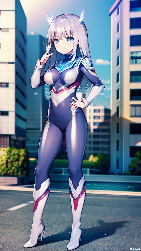 ((full body)),Highly Detailed CG Unreal Engine 8k, Highest quality, One girl, Beautiful detailed girl, (Ultra Girl :1.0), Ultraman bodysuit, Small breasts, whole body, A light smile, Hands on hips, Are standing, (Detailed fingers, Fine hand, Detailed face), all intricate detailed buildings behind, outside,Sweat，The body trembles，Combat Ready，Ultraman Pose，
