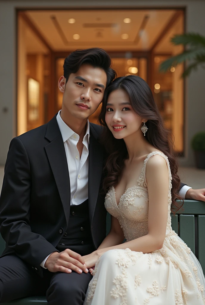 A waist-up shot of a couple posing for a photo, cute asian couple, Korean beauty, a woman and a man, realistic, masterpiece, asian couple, sexy couple 