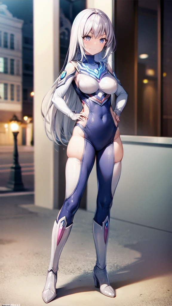 ((full body)),Highly Detailed CG Unreal Engine 8k, Highest quality, One girl, Beautiful detailed girl, (Ultra Girl :1.0), Ultraman bodysuit, Small breasts, whole body, A light smile, Hands on hips, Are standing, (Detailed fingers, Fine hand, Detailed face), all intricate detailed buildings behind, outside,Sweat，The body trembles，Combat Ready，Ultraman Pose，
