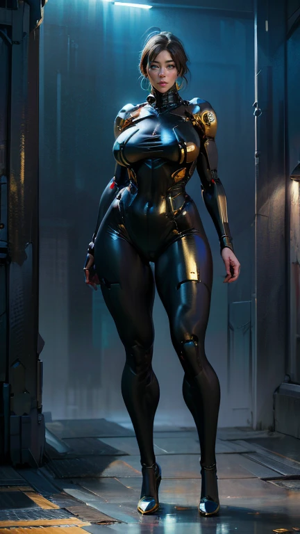 masterpiece, best quality, full body standing, extremely busty, very gold platform pumps, very long legs, large breasts, thicc, raytraced, realistic lighting and shadows, perfect hands, ((gold plated and black silk bodysuit, integrated cybernetic cyberpunk bodysuit, tight full bodysuit, carbon fiber gold framed exosuit)), hoop earrings, 1girl, brunette hair, cyberfusion, cyberpunk neon background, lace pantyhose