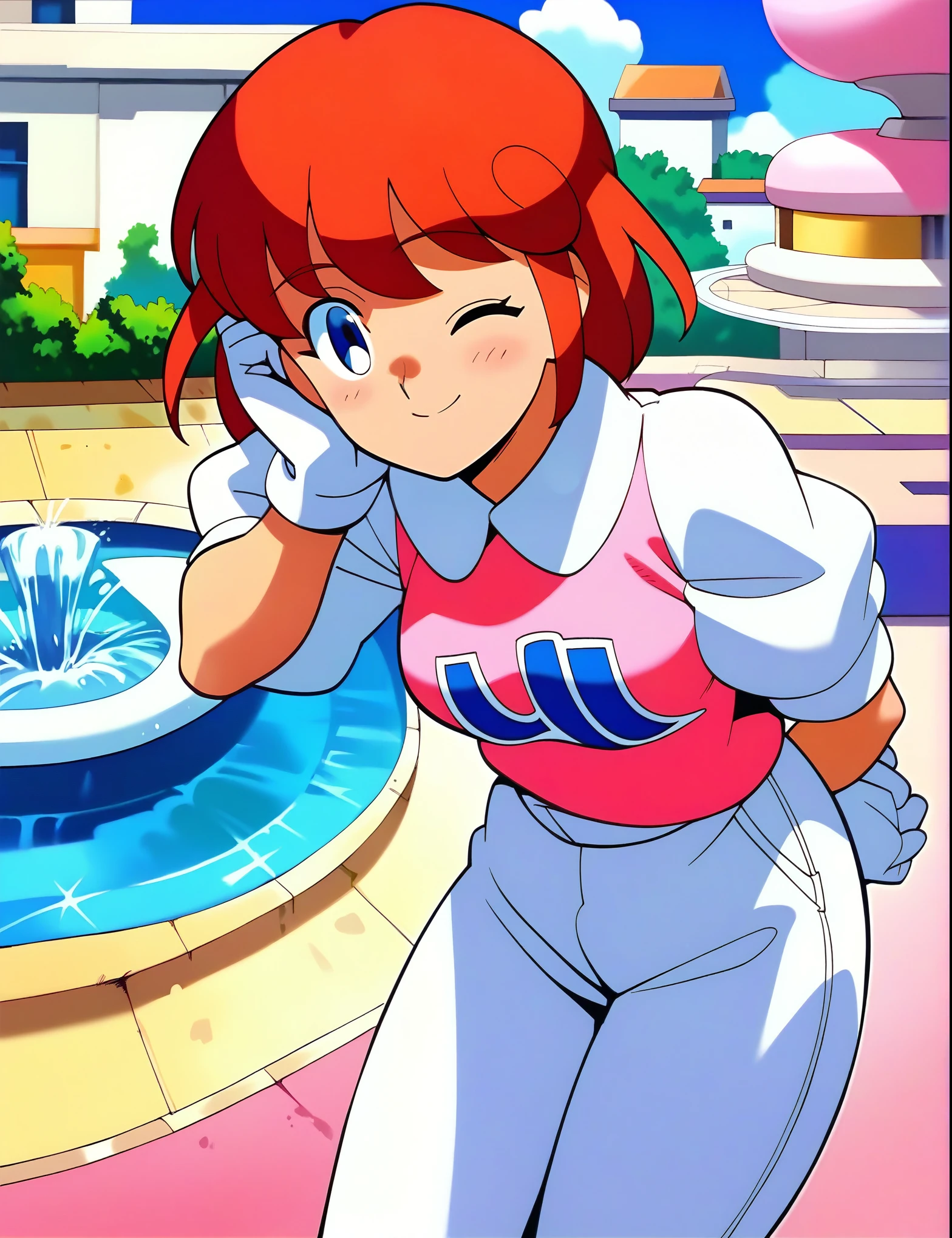 pastel,score_9,score_8_up,score_7_up,source_anime,1girl,solo,looking at viewer,shirt,white puff sleeve,short sleeves,white gloves,white pants,smile,:d,one eye closed,light_blush,city,fountain,arms_behind_back,standing,leaning_forward,cowboy_shot,front view,