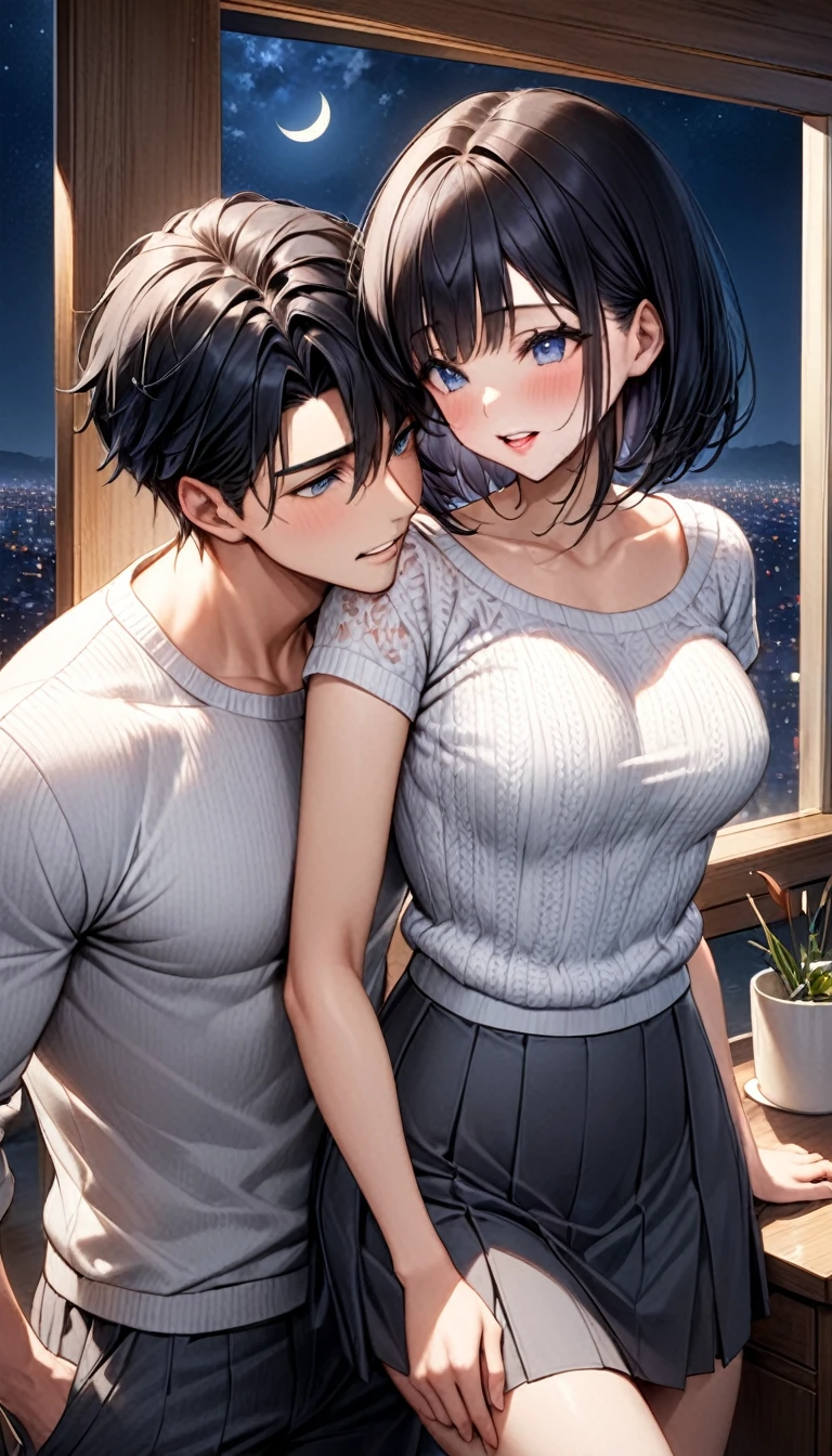 Tabletop , Highest quality, figure, Very detailed, Finely detailed, High resolution, 8k wallpaper, Anatomically accurate depiction, Beautiful attention to detail, Couples of one man and one woman、明日香1人((Handsome Japanese young man with medium straight black hair and no unwanted hair)) , Casual clothing ,Aaron1人((F-cup breasts and a slender waist、Well-shaped pink lips,With flushed cheeks、Pure black medium-long bob hair that falls over the shoulders 、Well-aligned teeth, Fine skin quality , White knit sweater,Long dark gray skirt)) , The woman has a positive expression（* Romantic expressions、Eyes moist）、The man has a calm expression(emotional expression、relaxing)、Apartment window、Situational performance:Blue moonlight at night、The two of us are standing shoulder to shoulder at the window。明日香:Looking out at the scenery,Aaron:明日香に目線を向けている。