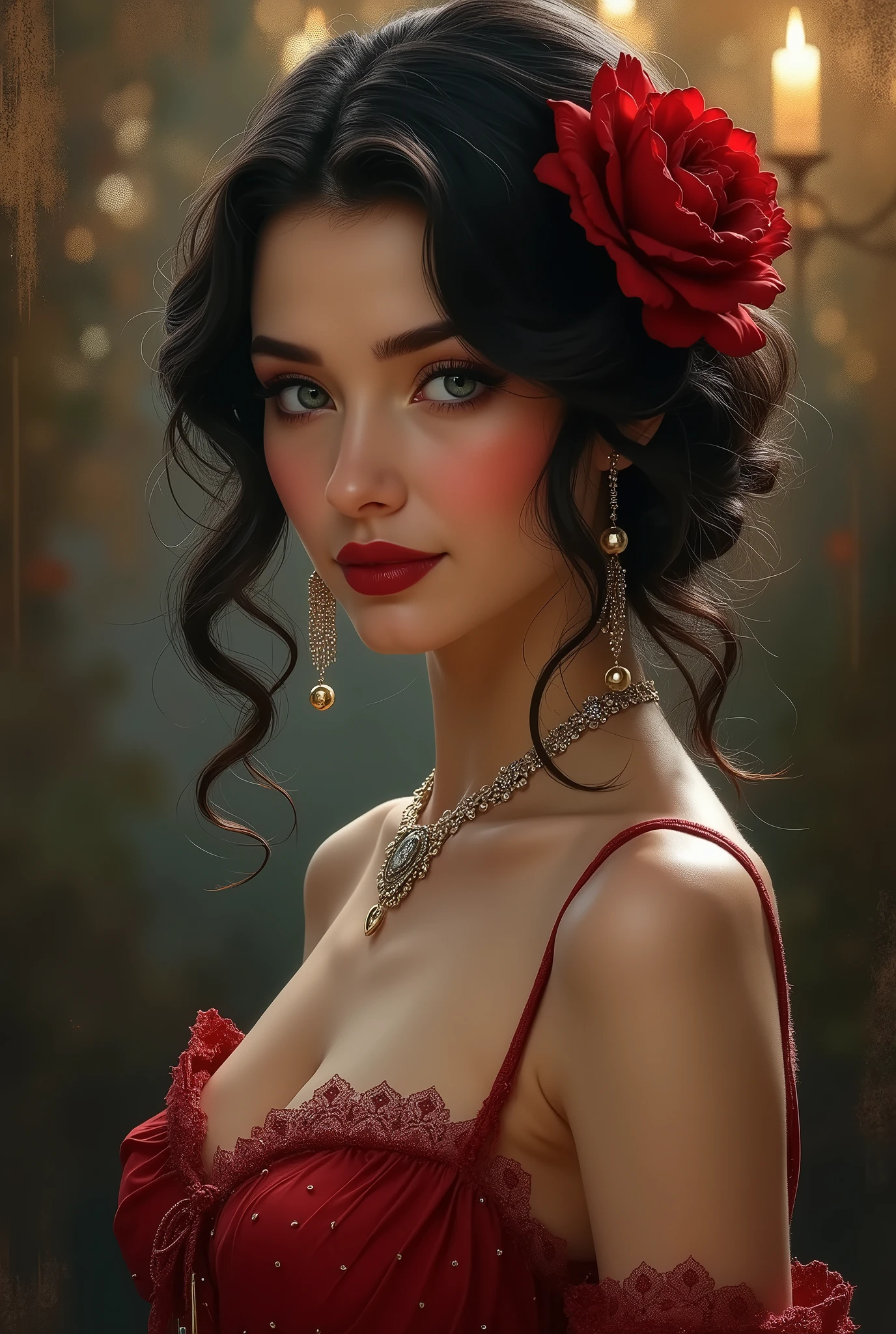 A stunning portrait of Rosi Ramírez, exuding elegance and sophistication as a captivating señorita. She dons an exquisite evening gown, accentuated by a stunning feathered headpiece that harmoniously blends with her dark and curly hair. Her intense, mysterious gaze is complemented by an air of confidence and grace. The dreamy, romantic backdrop is a harmonious blend of pastel colors, evoking nostalgia and a sense of enchantment.