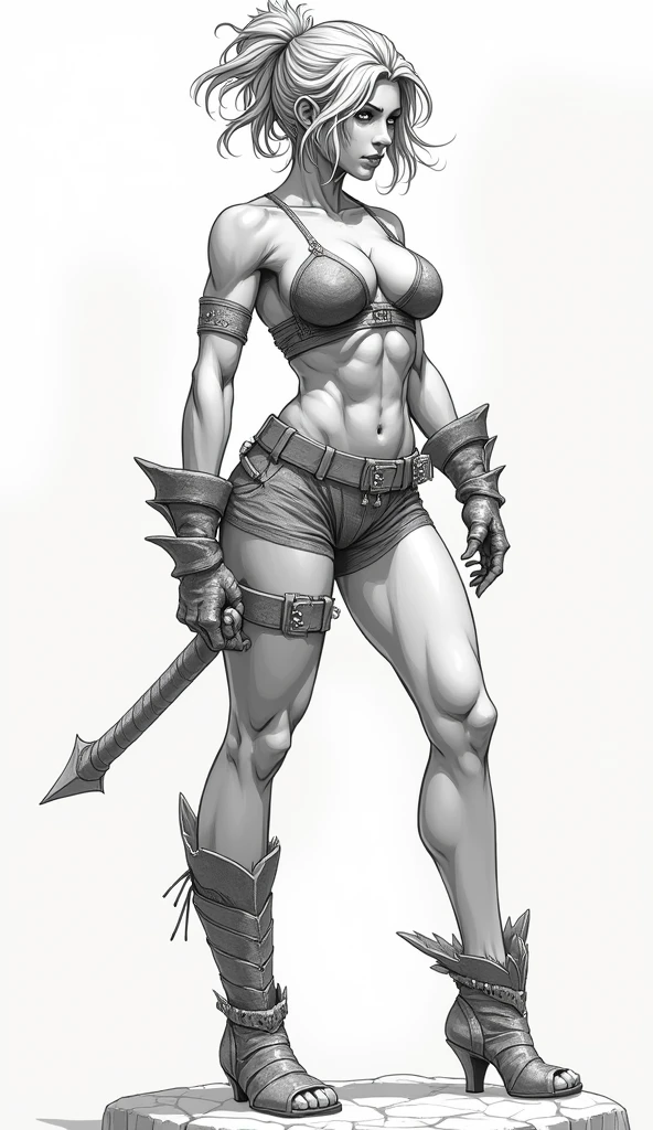 Dark elf, thick hips, thick thighs, platform heels, leather bikini, mini bikini, huge breast, thin waist, tight stockings, bob cut hair, weapon, tanned skin, handle sword, angry look, fullbody, standing, front pose, black skin, tanned, brown skin, very short skirt, Warrior,
