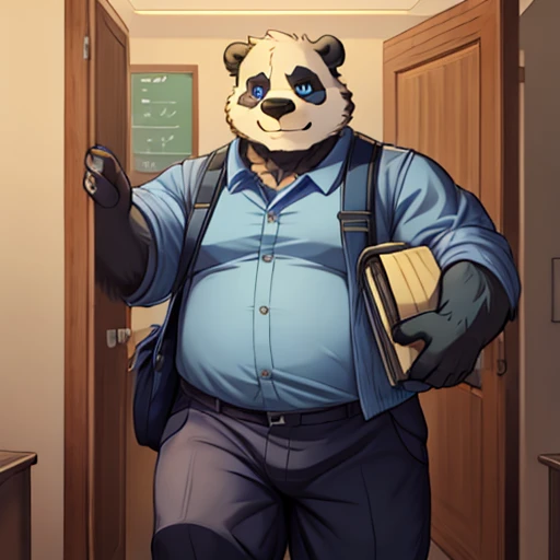 Bye Solo, young panda . spongy body, thick arms and legs, panza, stomach., blue eyes. Return to your classroom. In student uniform, blue short shirt and trousers. Walk through the door with a backpack 