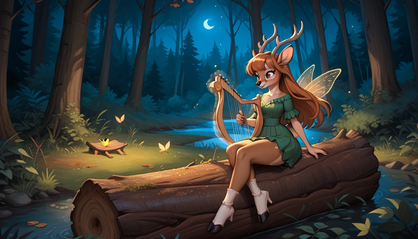 *antelope, deer, furry, girl, playing harp, sitting on the log, forest, at night, dawn, low light, polite, long hair, wide hips, cute, autumn forest, magic, fairies pixies,