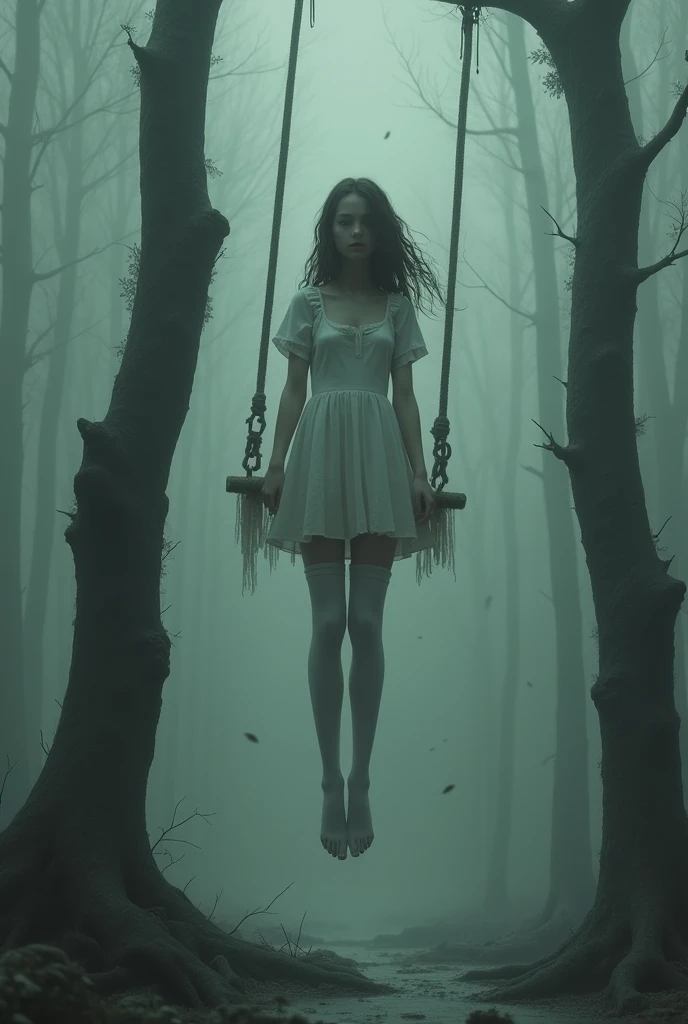 Scene of Girl in White Thigh High Socks Hanged, gallows, many people around , float 