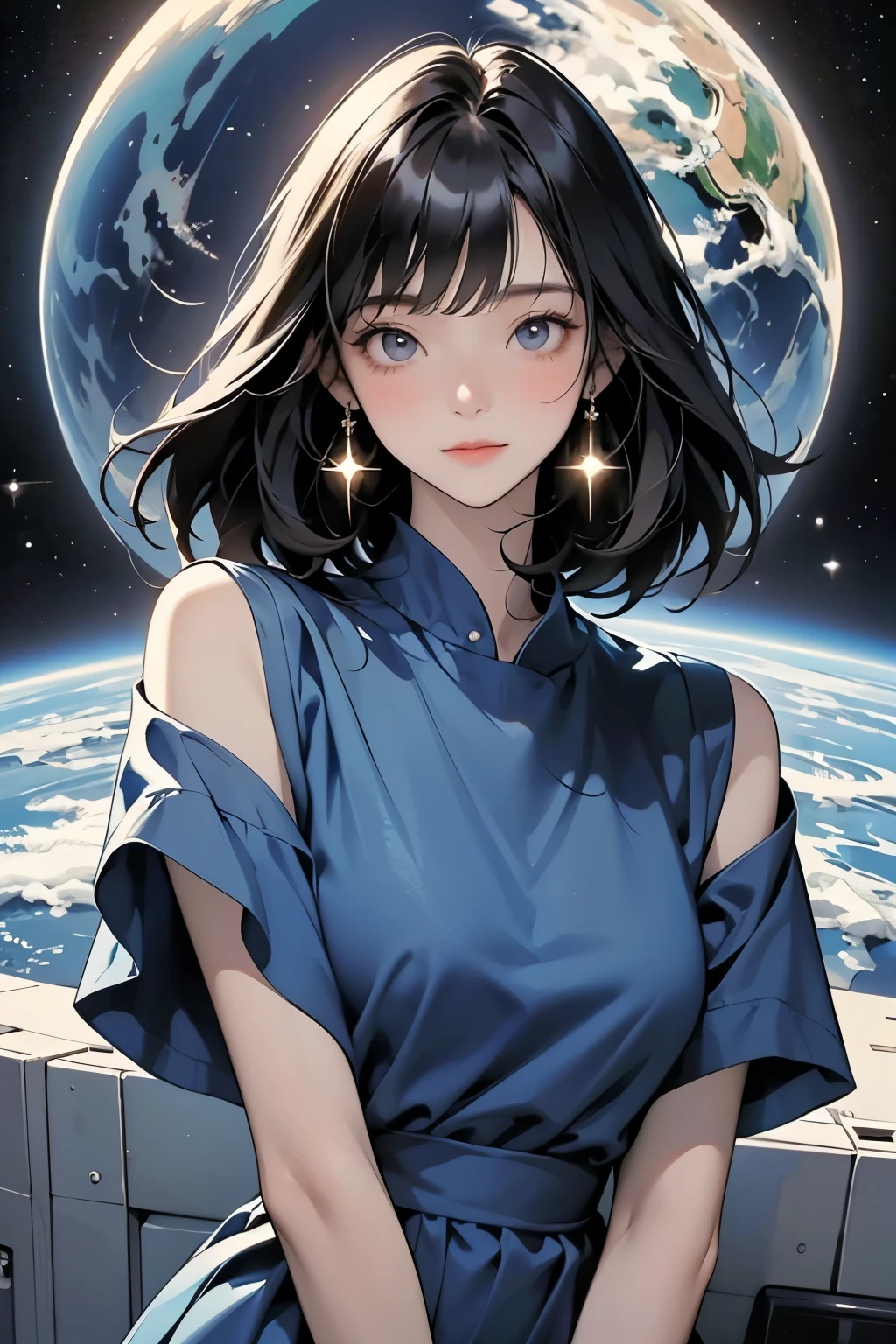 A beautiful woman. Black hair. Her bangs are down. . She is wearing a blue dress. She is looking at the camera with a defiant expression. Behind her is an image of outer space and the Earth floating there.