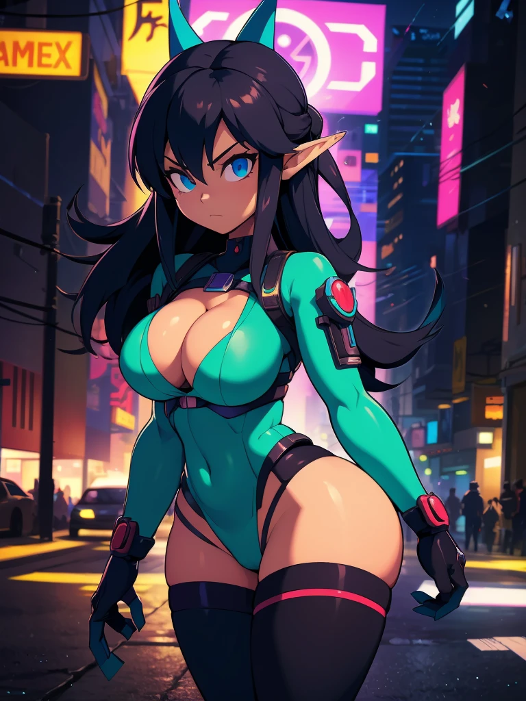 a cartoon picture of a girl with long black hair and a blue tail, commission for high res, elf girl, oc commission, 2d game fanart, hero 2 d fanart artsation, cel - shaded art style, game art!!, close up, cyborg joints:1.5, showing cleavage, detailed fanart, background artwork, 8k high quality detailed art, in a cyberpunk city at night, (blured background, bokeh:1.0), cyberpunk 2077 art style:1.0, pantsu-desu art style, Legend of Zelda art style, Macross art style, Adventure Time art style
