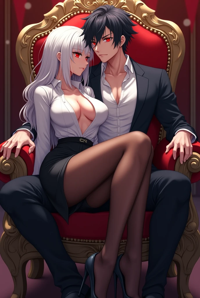 white-haired, red-eyed man wearing a white long-sleeved shirt and black pants sat on a throne.There was a two women , wearing stockings, and high heels, sitting on his left lap.at night anime