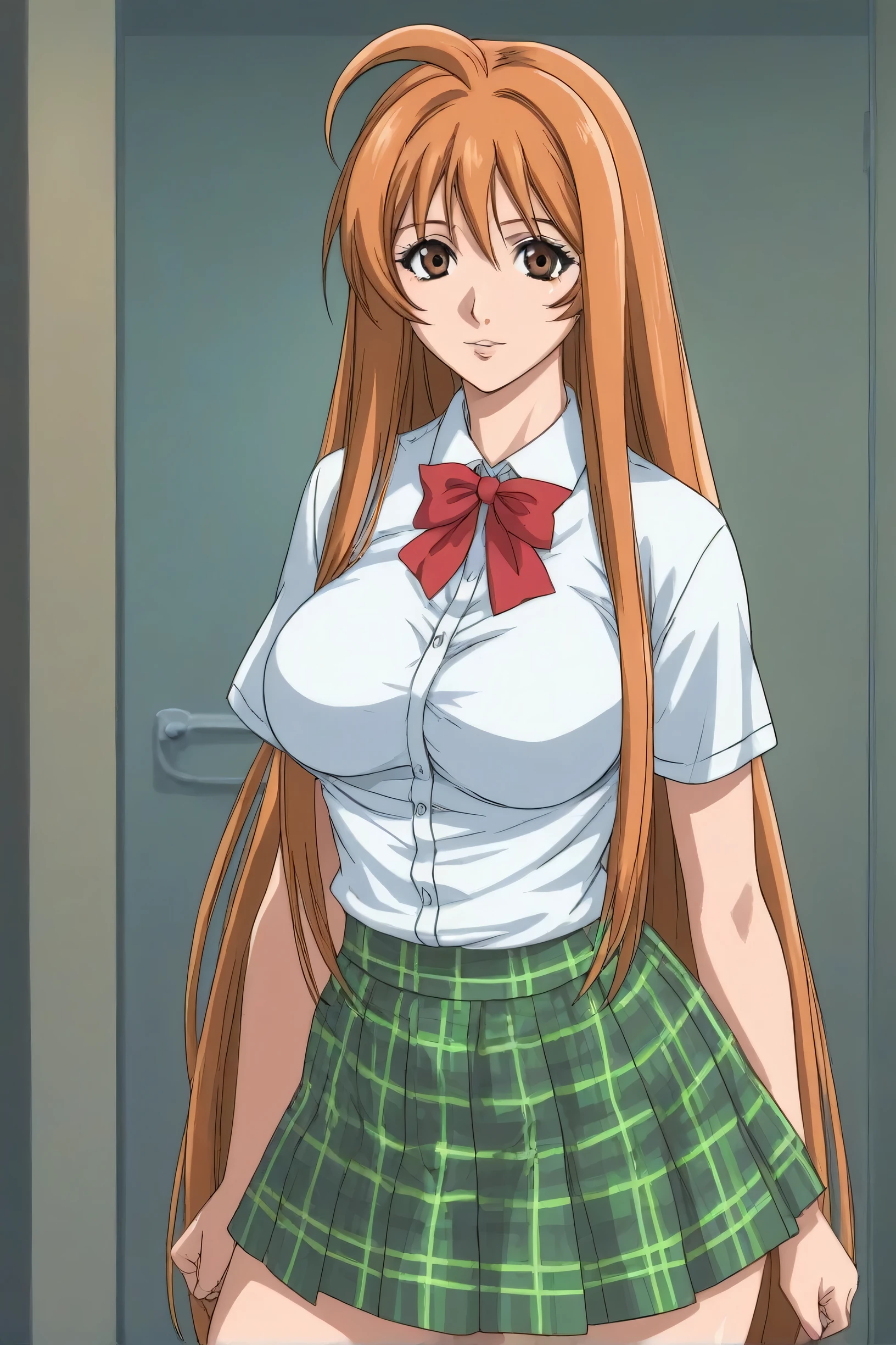 best quality,masterpiece,looking at viewer,absurdres,1girl,score_9,score_8_up,score_7_up,source_anime BREAK natsume aya,orange hair,long hair,brown eyes,ahoge,breasts,large breasts,plaid,green plaid skirt,blue , standing