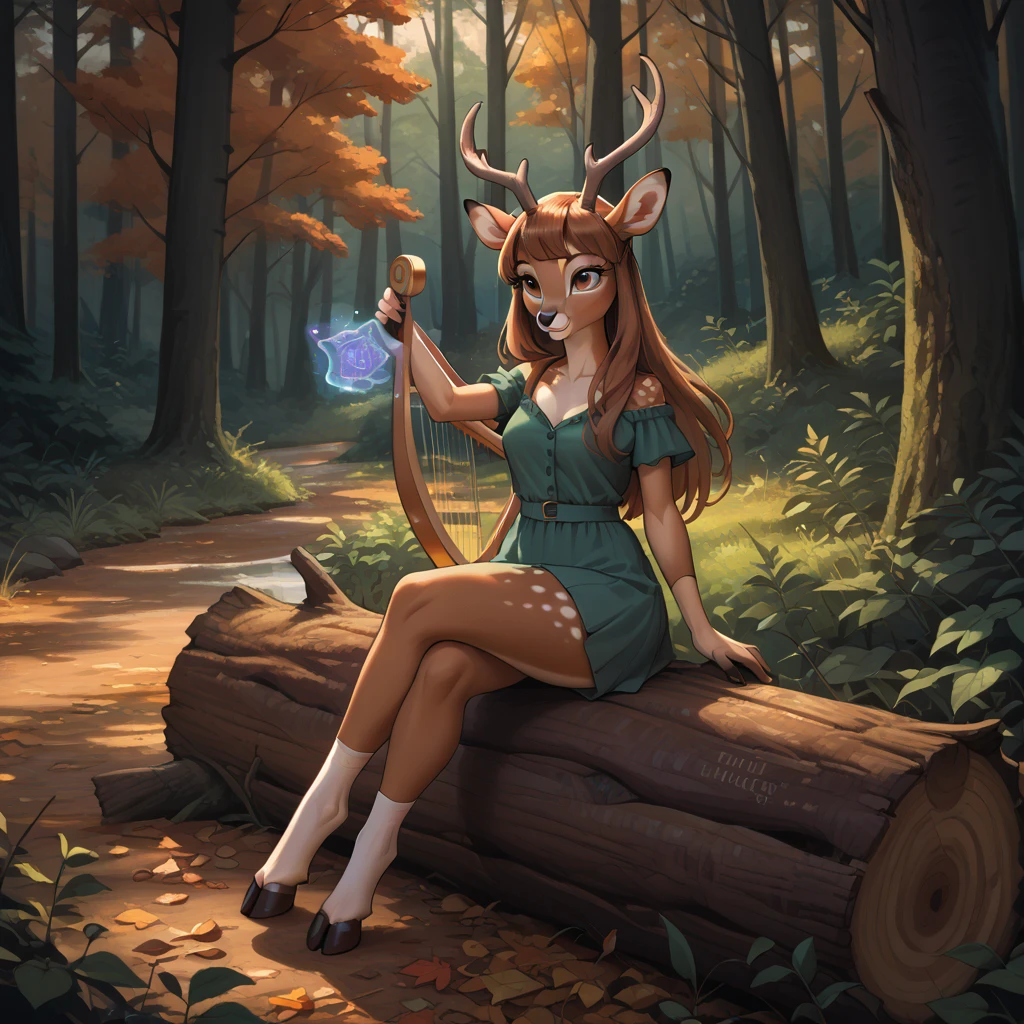 *antelope, deer, furry, girl, playing harp, sitting on the log, forest, at night, dawn, low light, polite, long hair, wide hips, cute, autumn forest, magic,