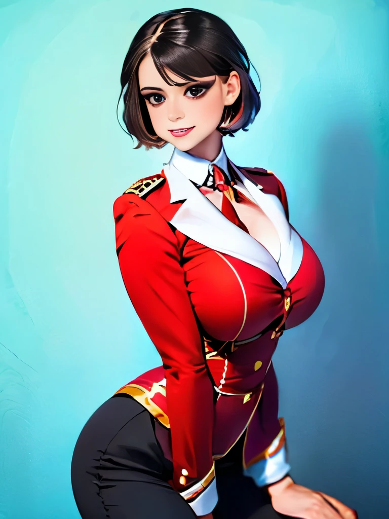 (highest resolution, distinct_image) Best quality, single person, one woman, solo, masterpiece, highly detailed, semi realistic, black short hair, black hair, bangs, 1, mature, light blue military uniform, military uniform, indoor background, gentle, authoritative, powerful, exquisite facial features, exquisite facial features