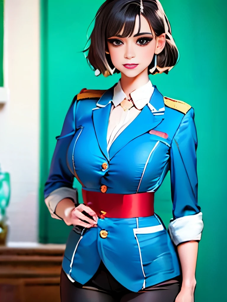 (highest resolution, distinct_image) Best quality, single person, one woman, solo, masterpiece, highly detailed, semi realistic, black short hair, black hair, bangs, 1, mature, light blue military uniform, military uniform, indoor background, gentle, authoritative, powerful, exquisite facial features, exquisite facial features