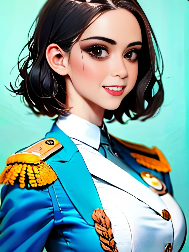 (highest resolution, distinct_image) Best quality, single person, one woman, solo, masterpiece, highly detailed, semi realistic, black short hair, black hair, bangs, 1, mature, light blue military uniform, military uniform, indoor background, gentle, authoritative, powerful, exquisite facial features, exquisite facial features