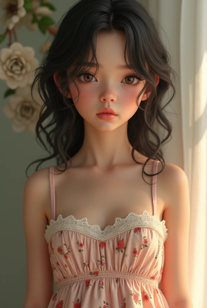American girl of 18, video gamer, wearing translucent short T-shirt, black hair, ((blush: 0.8)), natural skin texture, 4K textures, highly detailed, insane details, faint colors , ((long wavy hair)), ((smile on face: 0.4)), (no panties: 0.2), ((looking directly at the camera)), ((tilted head: 0.8 )), ((small breasts:1)).  best quality、masterpiece、photorealistic、detailed、super detail、Rendering with Octane、contrast of light and dark、Jade Carving Girl、solo、(((Accurate anatomy body and hands)))、(4 fingers and 1 thumb)、clean hands、cleavage close-up、(meditation)、transparent skin，(white jade body：2)，(((crystal clear body)))，((((Transparent material expression))))，Extremely perfect reflection of material properties，perfect face，elaborately carved face ，Bewitching、sexy、eros、beautiful face、detailed and perfect face、perfect proportions、big breasts、thin waist、big ass、navel、gap between crotches、sexy thighs、Behind it is a huge phantom,