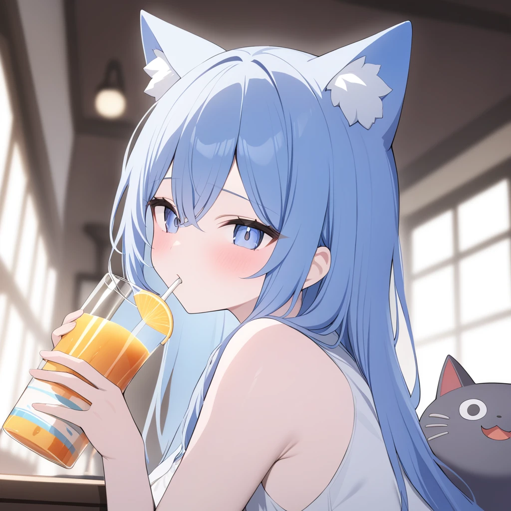 medium quality,1girl,solo,Blue hair,long hair,neko,side face,fruit juice,Blurred background,Light rendering,illumination,newest,masterpiece,  coelhinha sexy corpo inteiro deusa gostosa bonita