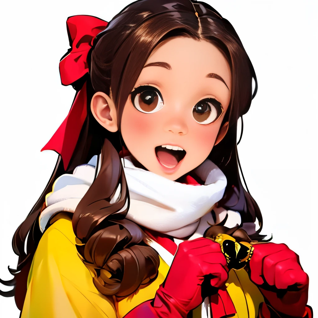 km, 1girl, ascot, blush, bow, brown eyes, brown hair, hair bow, hair tubes, japanese clothes, long hair, mittens, nontraditional miko, one-hour drawing challenge, open mouth, portrait, red bow, red mittens, scarf, sidelocks, simple background, solo, white background, yellow ascot, yellow scarf