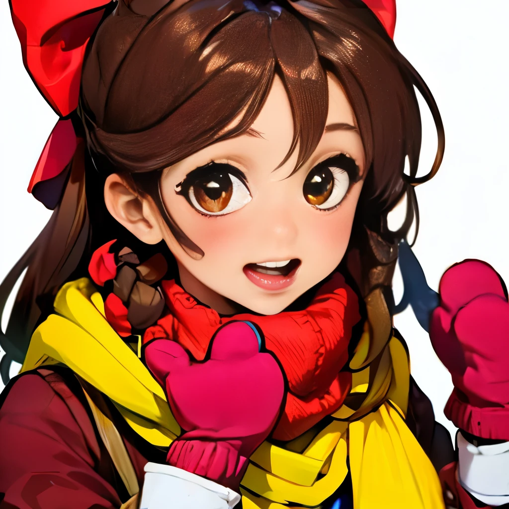 km, 1girl, ascot, blush, bow, brown eyes, brown hair, hair bow, hair tubes, japanese clothes, long hair, mittens, nontraditional miko, one-hour drawing challenge, open mouth, portrait, red bow, red mittens, scarf, sidelocks, simple background, solo, white background, yellow ascot, yellow scarf