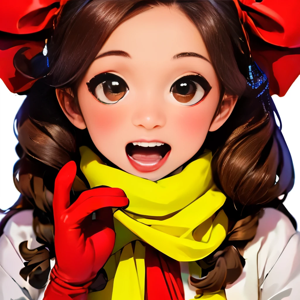 km, 1girl, ascot, blush, bow, brown eyes, brown hair, hair bow, hair tubes, japanese clothes, long hair, mittens, nontraditional miko, one-hour drawing challenge, open mouth, portrait, red bow, red mittens, scarf, sidelocks, simple background, solo, white background, yellow ascot, yellow scarf