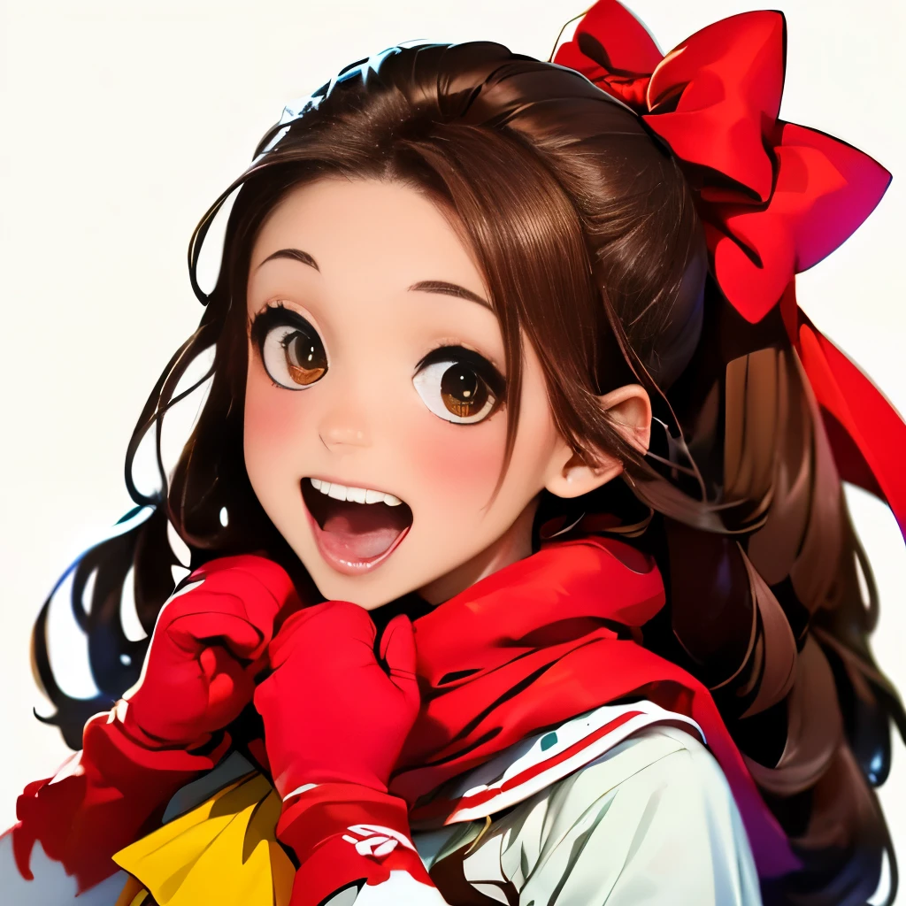 km, 1girl, ascot, blush, bow, brown eyes, brown hair, hair bow, hair tubes, japanese clothes, long hair, mittens, nontraditional miko, one-hour drawing challenge, open mouth, portrait, red bow, red mittens, scarf, sidelocks, simple background, solo, white background, yellow ascot, yellow scarf