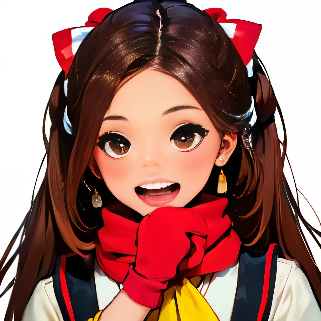 km, 1girl, ascot, blush, bow, brown eyes, brown hair, hair bow, hair tubes, japanese clothes, long hair, mittens, nontraditional miko, one-hour drawing challenge, open mouth, portrait, red bow, red mittens, scarf, sidelocks, simple background, solo, white background, yellow ascot, yellow scarf