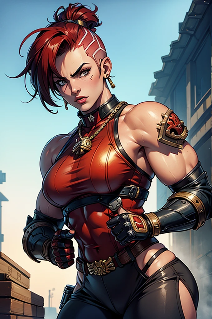 female, muscular, mohawk, fight, warhammer 40k, shotgun, portrait