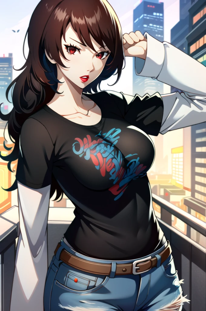 ((masterpiece, best quality))
Persona3Mitsuru, 1girl, solo, long hair, red hair, red eyes, black t-shirt, white shirt, jeans, belt, lipstick, large breasts, layered sleeves, red hair, city background