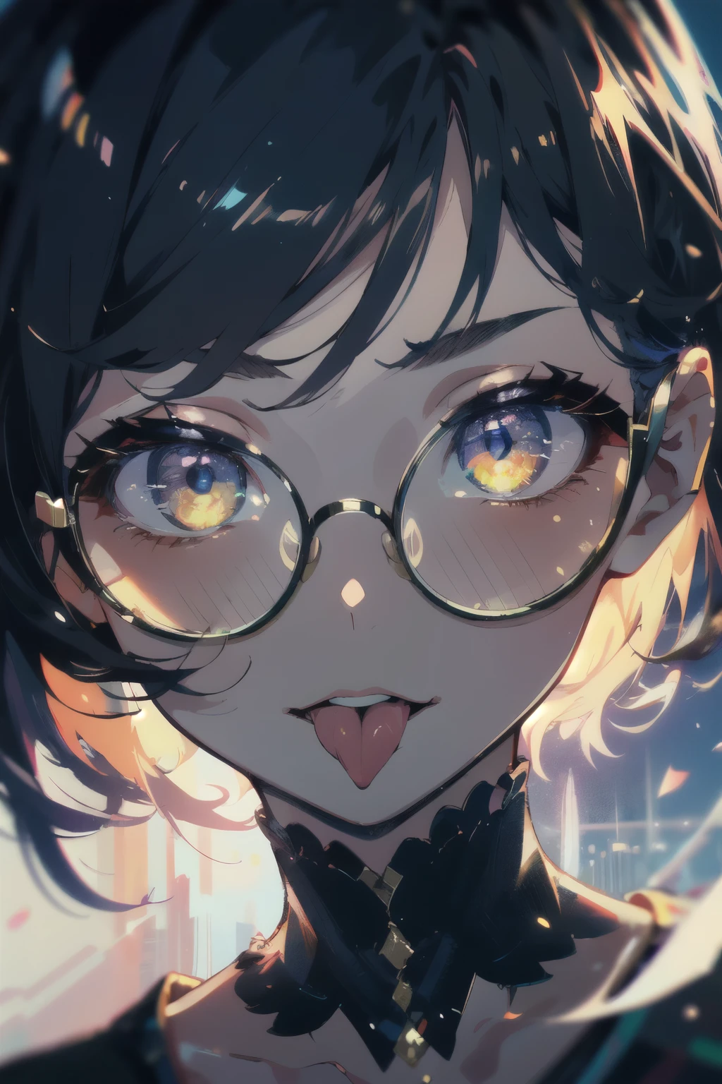 absurdres, highres, ultra detailed, HDR, master piece, best quality, Animated, illustration style, very beautiful illustration, 30 years old, black hair, tousled, very short hair, wearing silver round glasses, stubble, gangly, close-up of face, taken at night in neon district, Hiroshi Abe, looks popular with women, sexually active, frontal face, black Y shirt, tongue out, kind Face