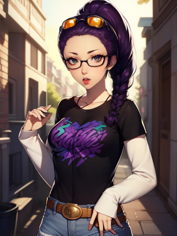 Petra, braided ponytail, brown eyes, glossy lips ,1girl, solo, standing, black t-shirt, white shirt, jeans, belt, lipstick, eyewear on head, purple hair,