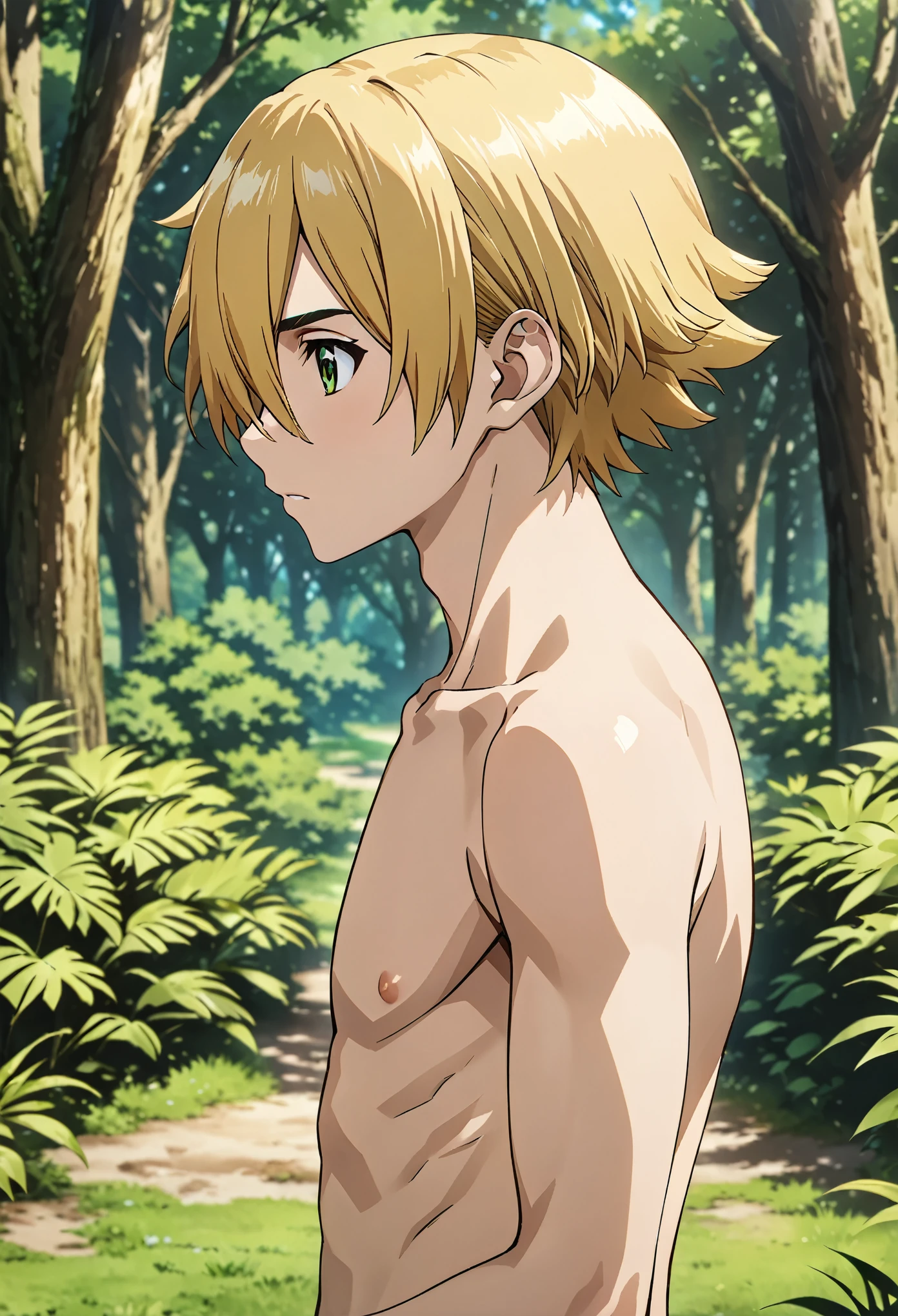 ginrou_dr_stone, blonde hair, green eyes, short hair, hair over one eye, high quality, score_9, score_8_up, score_7_up, amazing quality, best aesthetic, intricate details, masterpiece, best quality, 1male, solo, male_focus, feeling shy, fully naked, profile view, outdoors in a forest, sunny day, full body, male genitals, small-size soft penis, handsome, detailed face, eyes and hands without errors, anime style, high detail, unity 8k wallpaper, high resolution, detailed high quality background, pene pequeño, detalle nítido, extremadamente detallado, Intrincado, Alta resolución, standing, legs visible, testicles, flaccid dick, relaxed penis, small penis, penis visible, skinny fit, very young, small penis, flaccid penis, pene flácido, penis visible, short penis