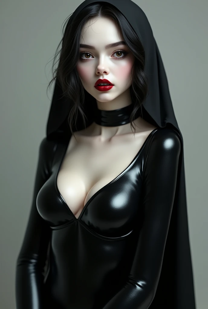 photorealistic portrait, of a sexy beautiful female nun, 35 years old, cute western face, slender body, intricate details, she wears makeup, medium breasts, she is squeezing her breasts together with her hands, seductively looking at view, her mouth is slightly open