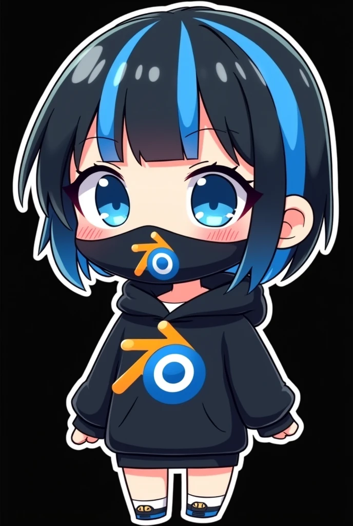 2D CUTE ANIME STYLE STICKER CUTE CHIBI GIRL black hair with orange and blue stripes blue eyes two BLENDER 3D LOGO on a black mask covering the entire mouth with a black hoodie covering from the waist up with blender logo on it , full body , big head , small limps